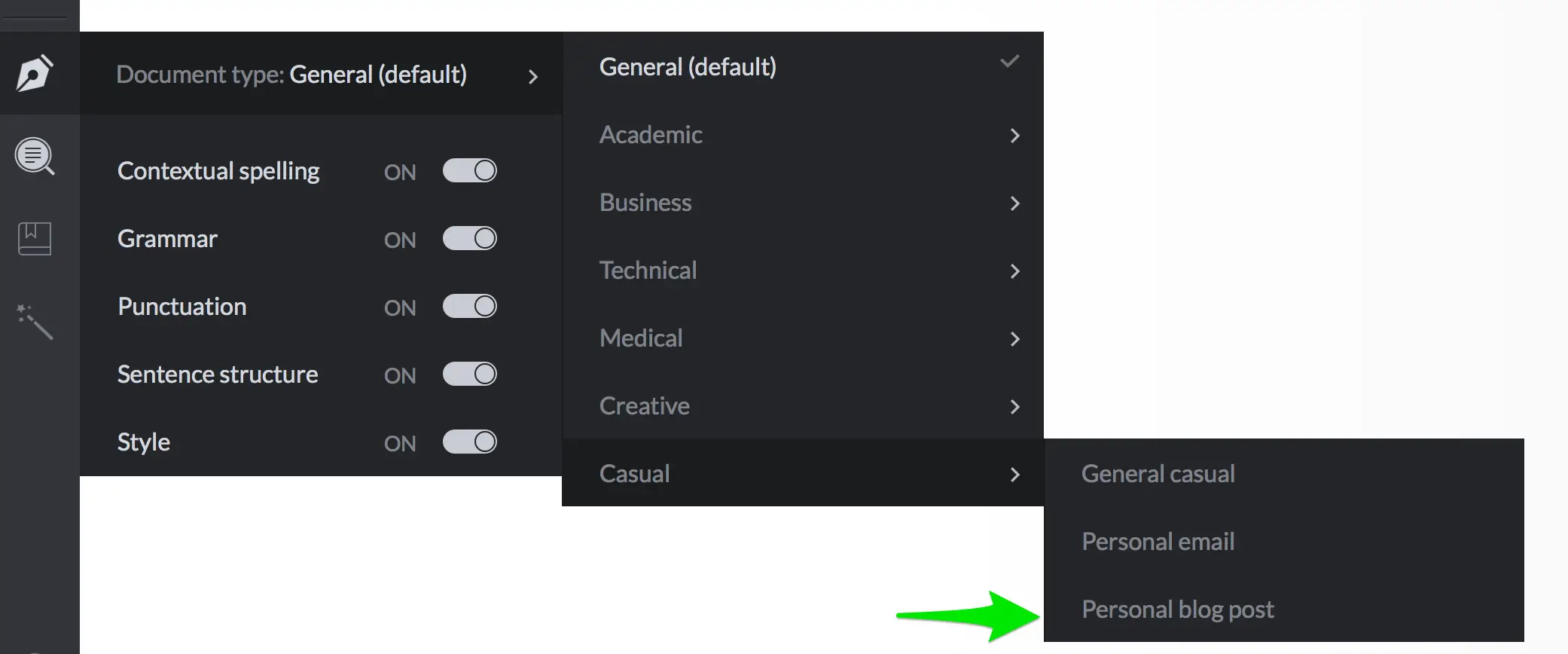 grammarly writing style options