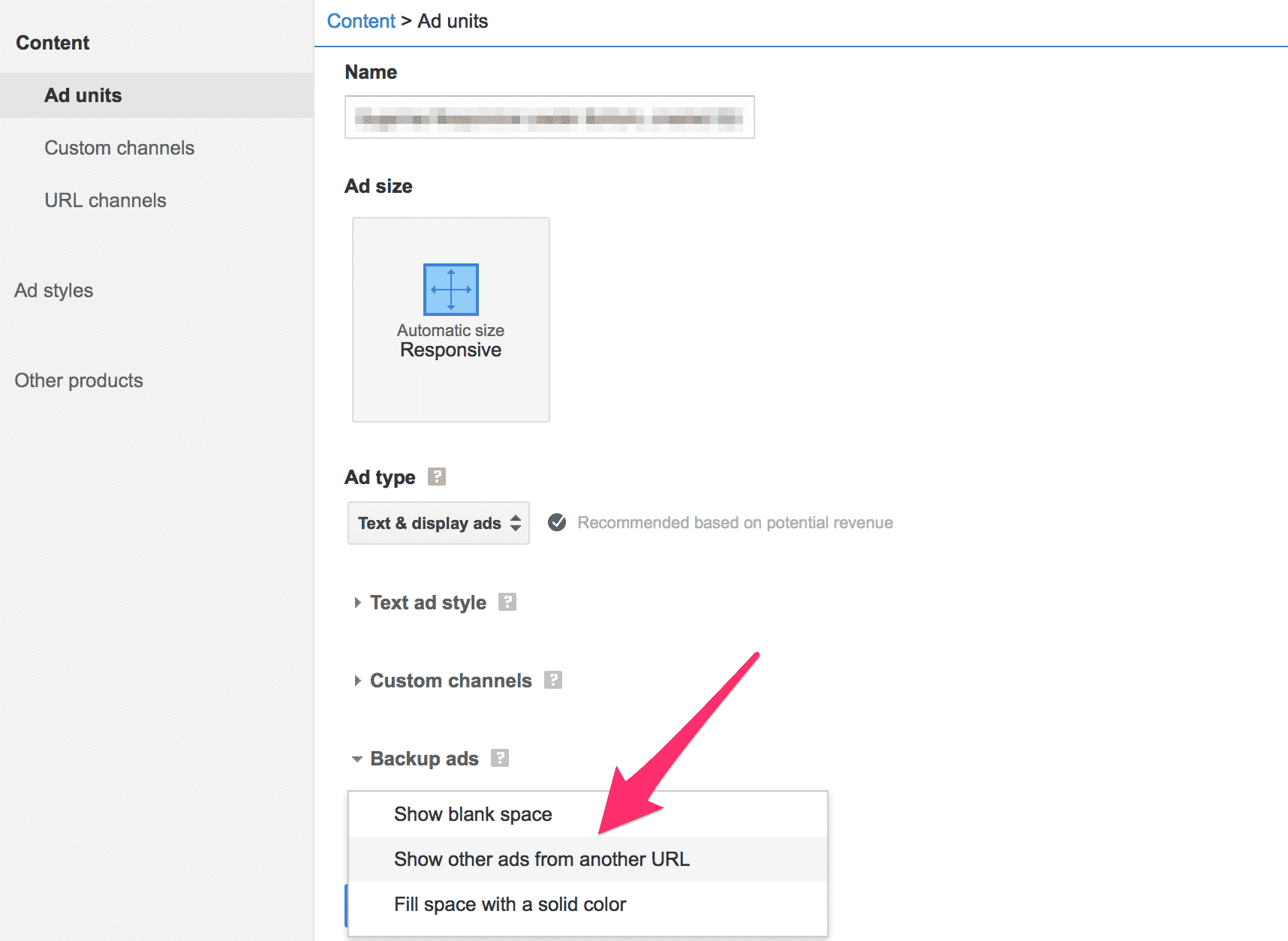 Choose backup ad option for the AdSense unit