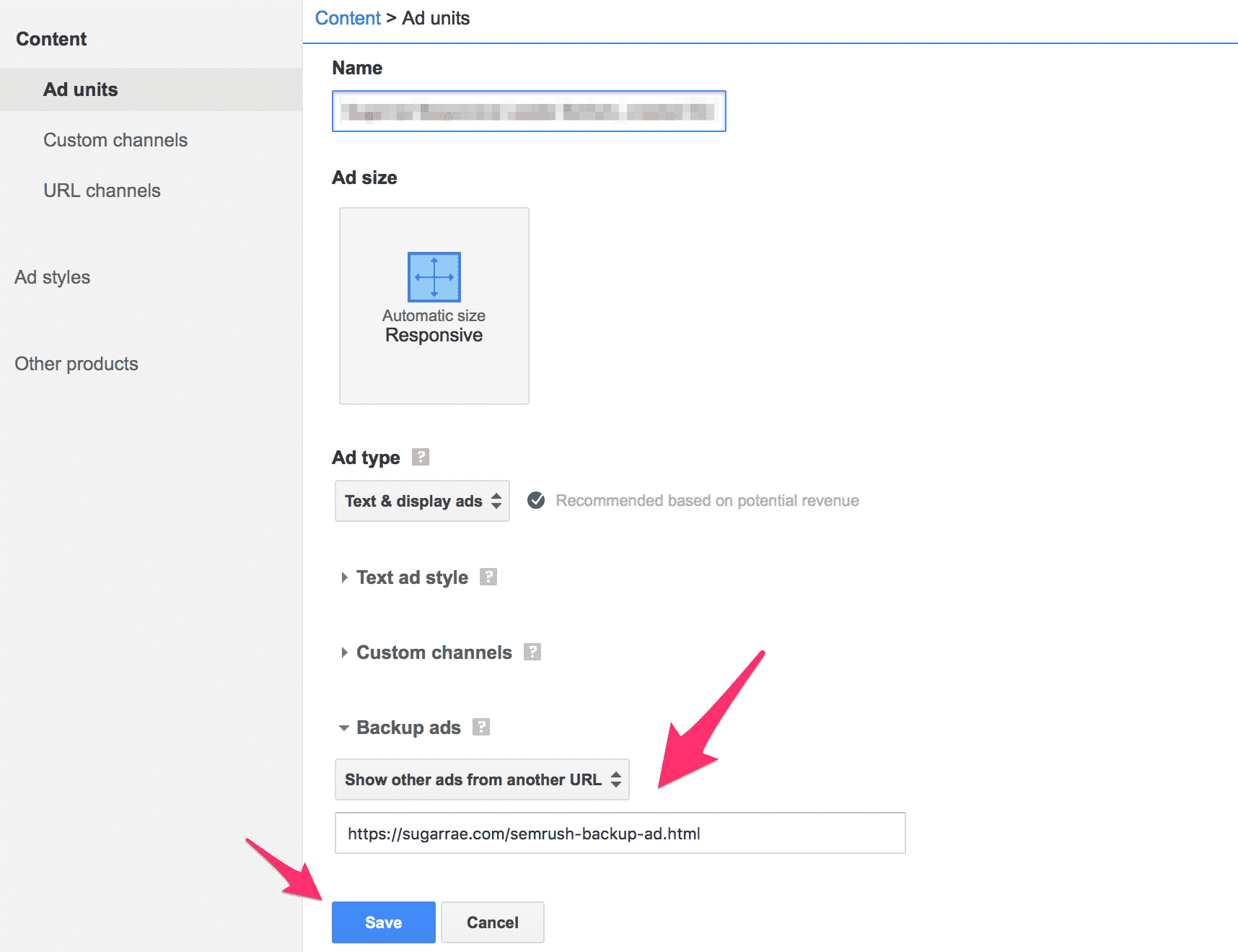 Enter the URL of the backup AdSense ad