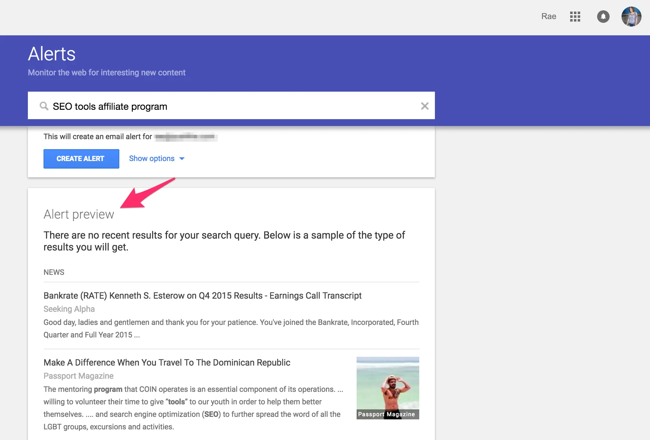 Google alerts preview for query