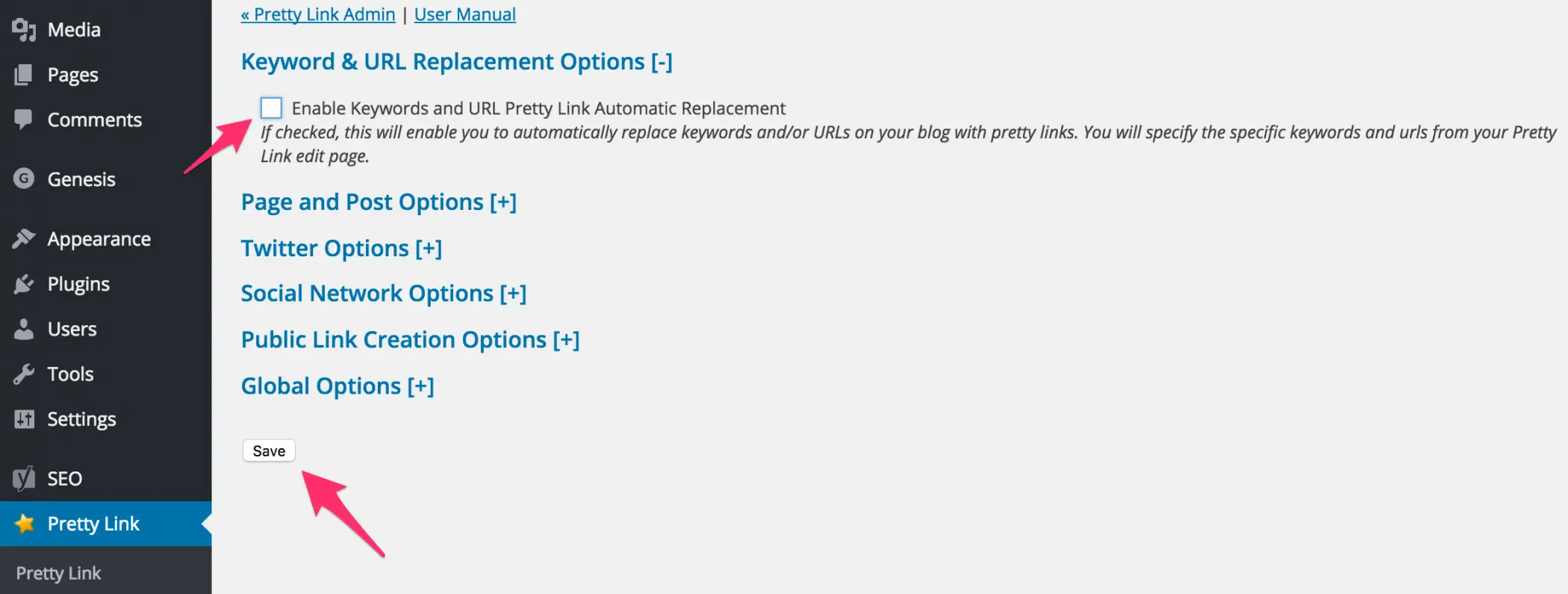 Pretty Link Disable Keyword Replacement Options